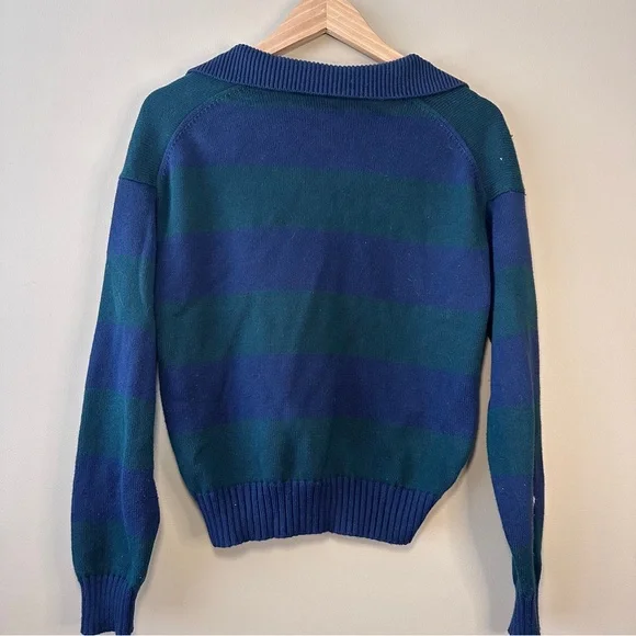 Sunday Best Fine Knit V-Neck Polo Sweater, Navy & Green Stripe, Preppy, Academia - Picture 2 of 7